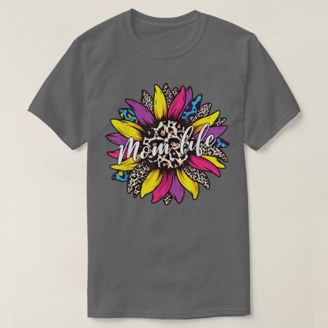 T-shirt Vie de maman classe avec Messy Bun Sunflower Leopa (Design devant)
