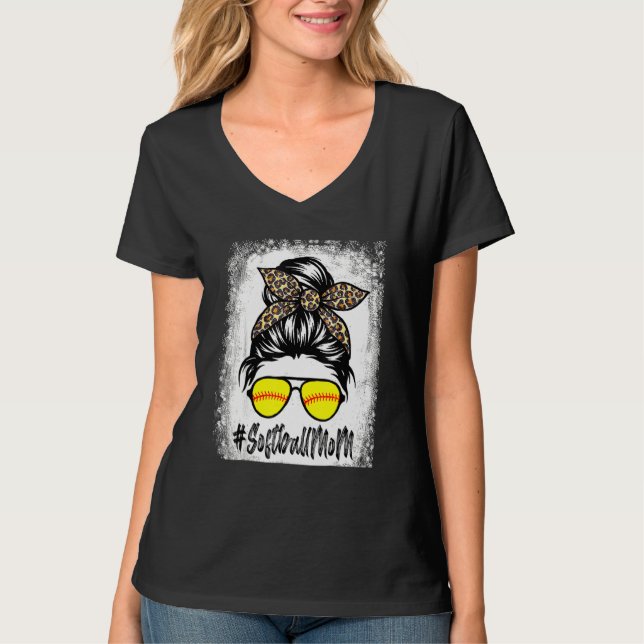 T-shirt Vie De Softball Bleu Avec Leopard Et Bun Messager (Devant)