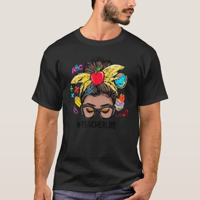 T-shirt Vie Enseignante Messy Bun Black Women Retour À L'É (Devant)