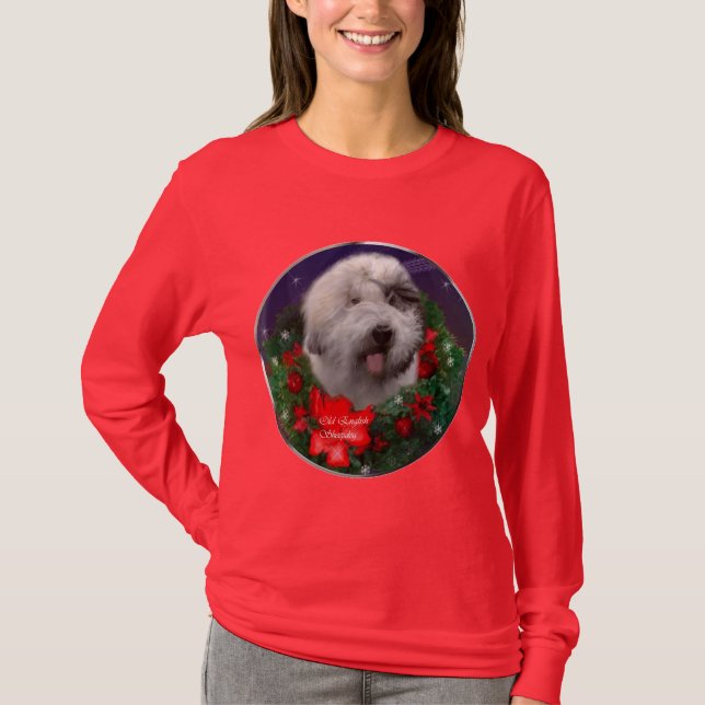 T-shirt Vieux anglais Sheepdog Cadeaux de Noël (Devant)