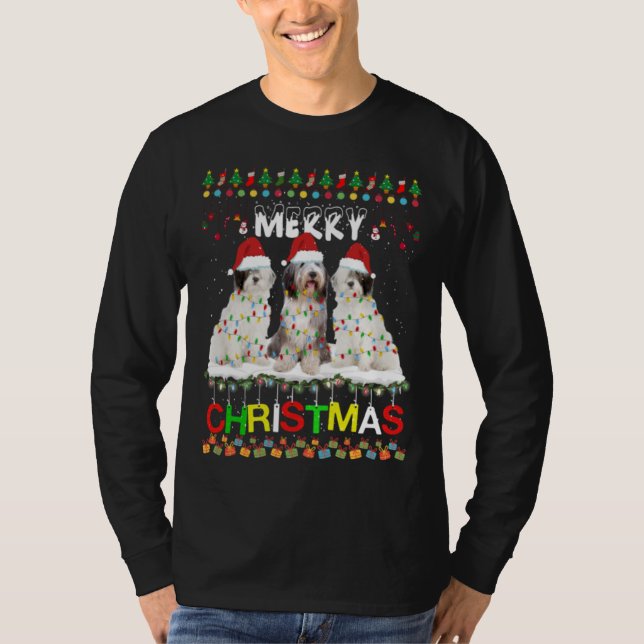 T-shirt Vieux anglais Sheepdog Christmas Tree Light Chien  (Devant)