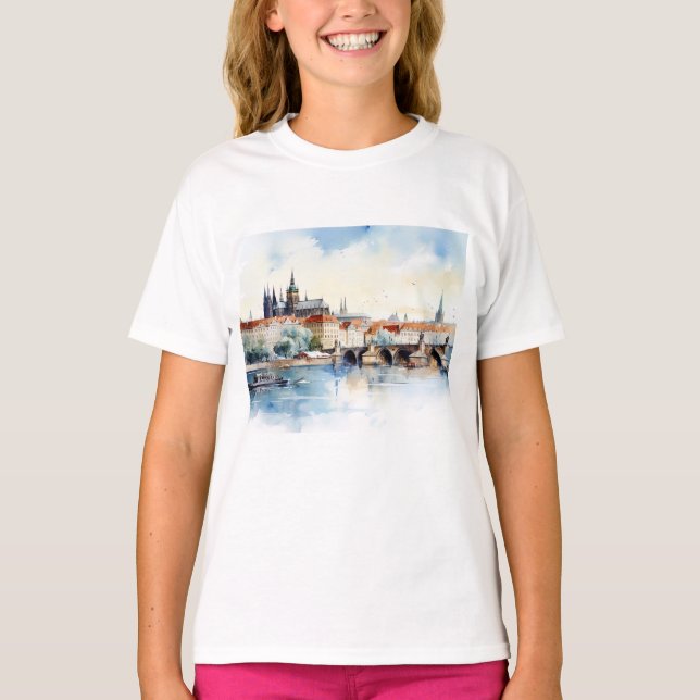 T-shirt Vieux Prague, aquarelle du pont Charles (Devant)