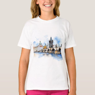 T-shirt Vieux Prague, aquarelle du pont Charles