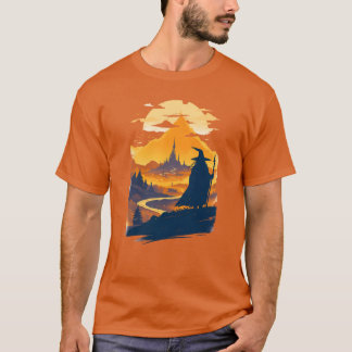 T-shirt Vieux randonneur contemplant une fantaisie de vill