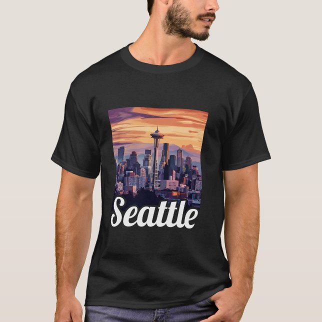 T-shirt Ville de Seattle Skyline au coucher du soleil Seat (Devant)