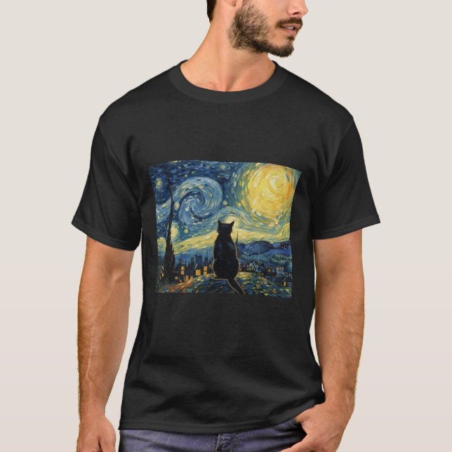 T-shirt Vincent Van Gogh Inspired Starry Night Kitten Silh (Devant)