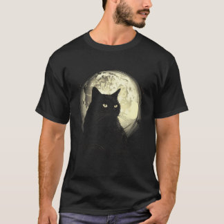 T-shirt Vintage Chat Noir Yellow Eyes Avec Lune Graphique