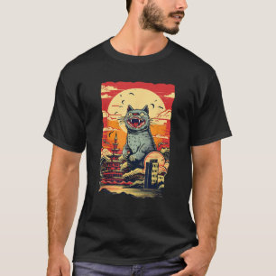 T-shirt Vintage Funny Cute Catzilla Cat Art Japonais Sunse