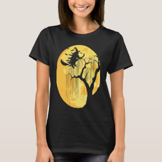 T-shirt Vintage Halloween Scary Black Cat Witch Hat Moon W