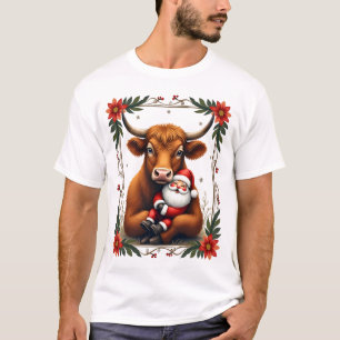 T-shirt Vintage Santa Cow Highland câlin Noël Rustique Fa