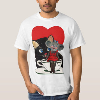 T-shirt Vintage Valentine's Day, Cat Mouse Tea Cup Heart