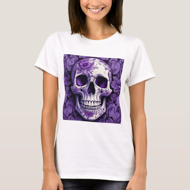 T-shirt Violet Floral 3D Crâne mort avec fleurs violettes (Devant)