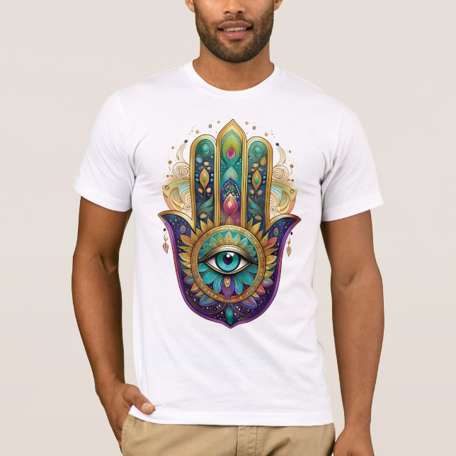 T-shirt Violet Green Gold Petals Hamsa Turquoise Third Eye (Devant)