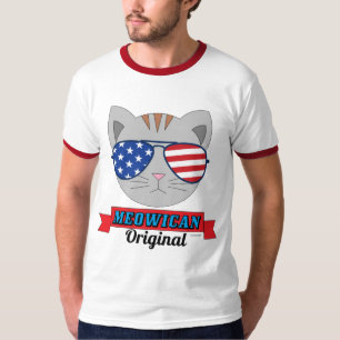 T-shirt Visage de chat avec Drapeau américain Lunettes de 