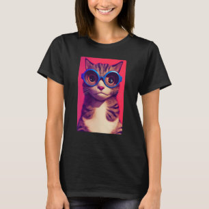 T-shirt Visage de chat drôle avec lunettes funky rétro ner