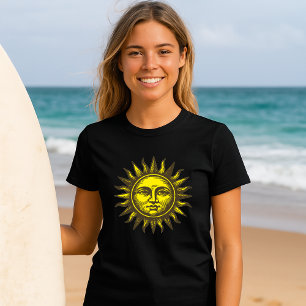 T-shirt Visage de Soleil Art Céleste Style Gravure sur Boi