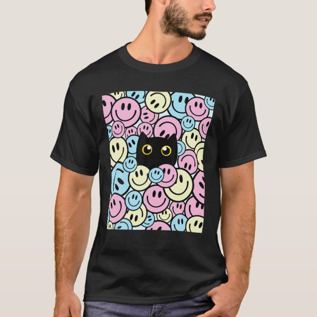T-shirt Visage souriant Joyeux sourire mignon chat rose bl (Devant)