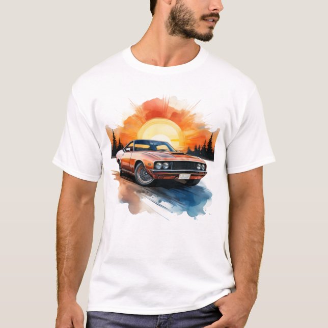 T-shirt Voiture à Muscle Rétro avec coucher de soleil - Au (Devant)