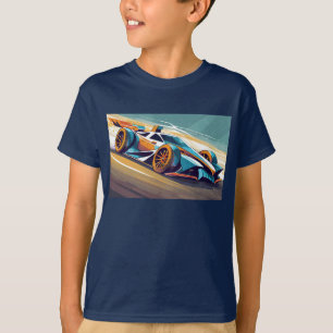 T-shirt Voiture de course bleue et orange sur piste
