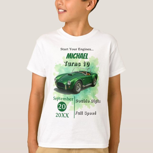T-shirt Voiture de course verte de fête d'anniversaire 10  (Devant)