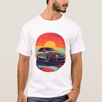 T-shirt Voiture de sport retro avec Arrière - plan coucher