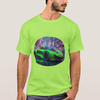 T-shirt Voiture de sport verte futuriste dans une ville ur