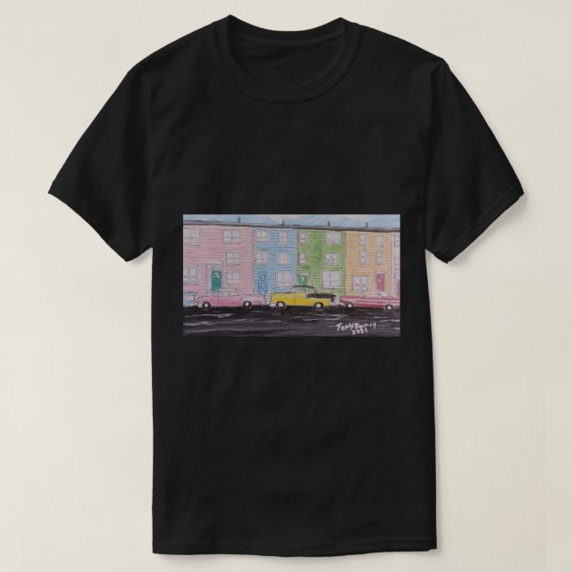 T-shirt voitures classiques sur jelly bean Row St Johns NL (Design devant)