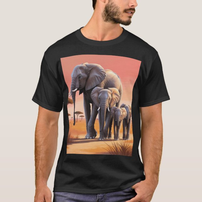 T-shirt Voyage au coucher du soleil : les éléphants sur la (Devant)