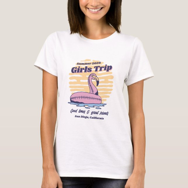 T-shirt Voyage des Filles à la Plage Rose Rétro Flamant Ro (Devant)