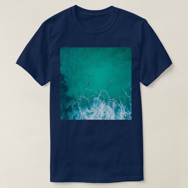 T-shirt Vue aérienne cool bleu plage océan vagues surfeurs (Design devant)