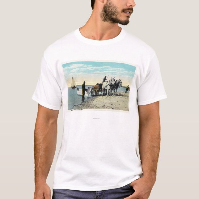T-shirt Vue d'un chariot de cheval tirant dans un bateau (Devant)