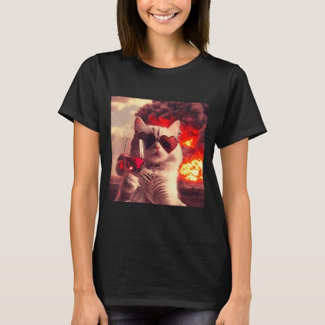 T-shirt Wacky Cat Holding Wine Selfi With Fire Funny Sungl (Devant)