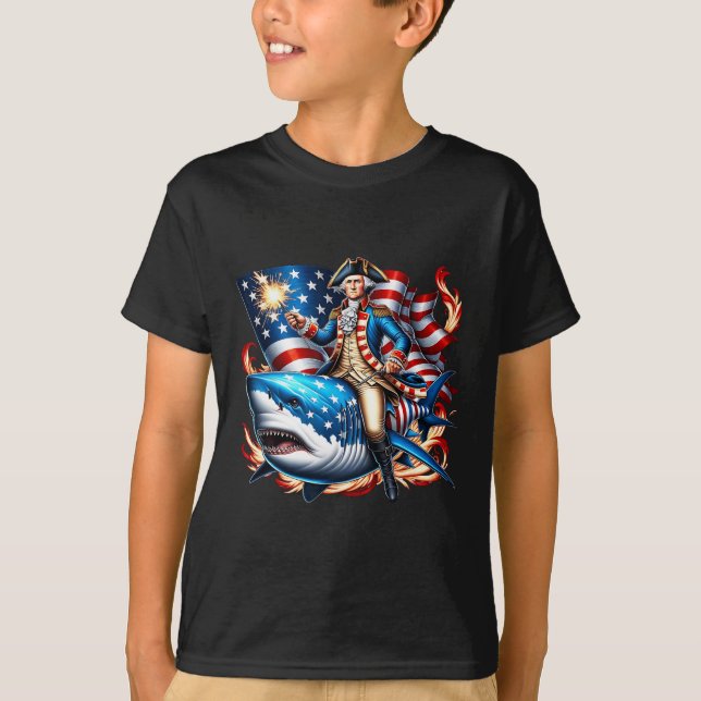 T-shirt Washington Riding Shark Funny Juillet 4 American F (Devant)