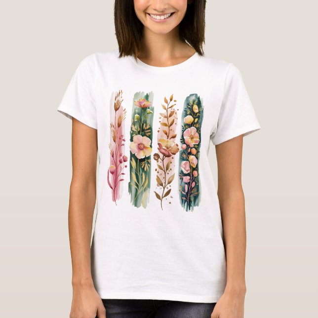 T-SHIRT WATERCOLOR GREEN & PINK WILDFLOWER BRUSHSTROKES (Devant)