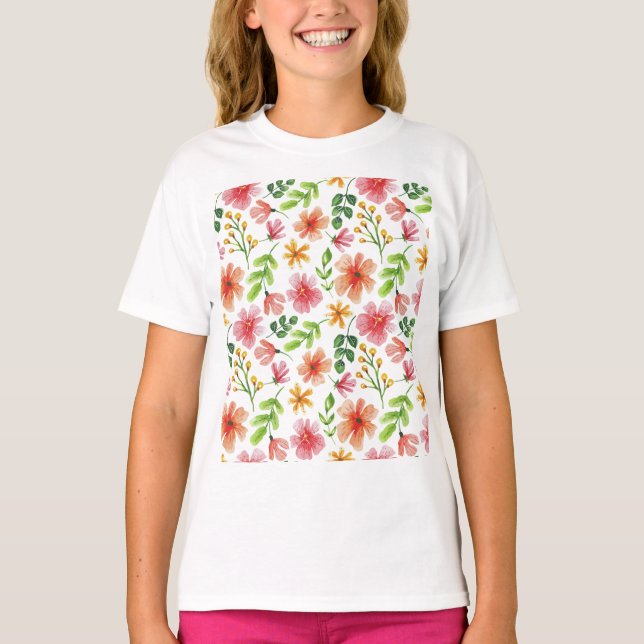 T-shirt Watercolor Pink Flowers Pattern-69677 (Devant)