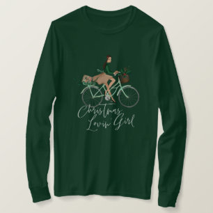 T-shirt Waterolor Christmas Lovin' Girl Riding Un Vélo