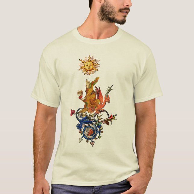T-SHIRT WEIRD MEDIEVAL BESTIARY,ALCHEMIST,RED DRAGON ,SUN  (Devant)