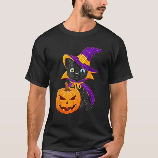 T-shirt Welcome Happy Hat Cat Halloween 2023 Devil Face Pu (Devant)