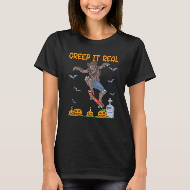 T-shirt Werewolf Skater Halloween Skateboarding Creep It R (Devant)
