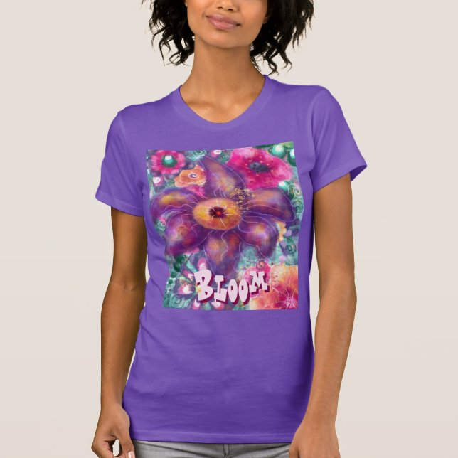 T-shirt Whimsical Floral Abstract Art Teal Personalized  (Devant)