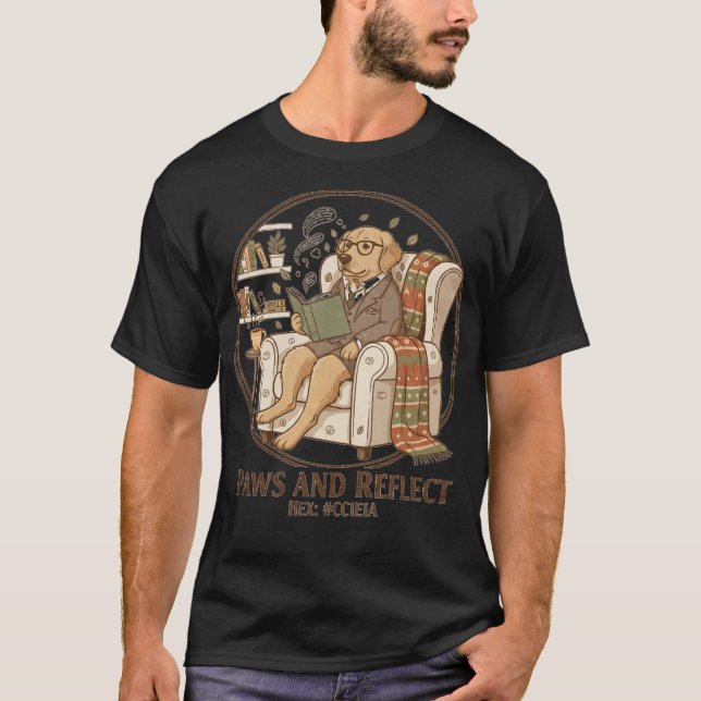 T-shirt Whimsical Golden Retriever Reading Book Design (Devant)
