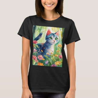 T-shirt Whimsical Watercolor Cat in Floral Garden | Cute N