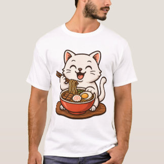 T-shirt White Cat Eating Ramen