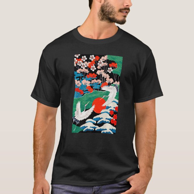 T-shirt White Cranes Birds Japanese Illustration (Devant)