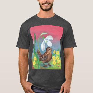 T-shirt White Snowdrop Wren Bird in Spring Illustration fu