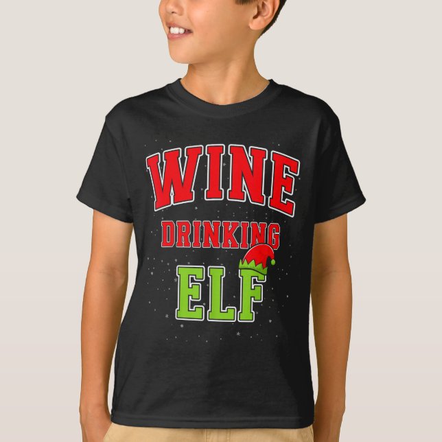 T-shirt Wine Drinking Elf Christmas Family Matching Group  (Devant)