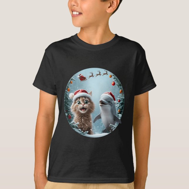 T-shirt Winter Wonderland Noël Chat Dolphin Selfie San (Devant)