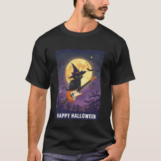 T-shirt Witch Cat Playing Guitar Cat Halloween Cat Kitten