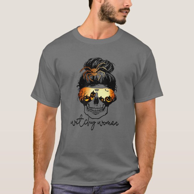T-shirt Witchy Woman Messy Bun Halloween Halloween Pumpki (Devant)