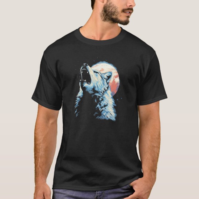 T-shirt Wolf Howling With Full Moon in Background - Wolf L (Devant)